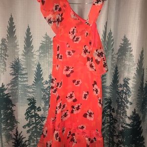 Shock of color! Express Neon Floral Print Asymmetrical ruffle neck line